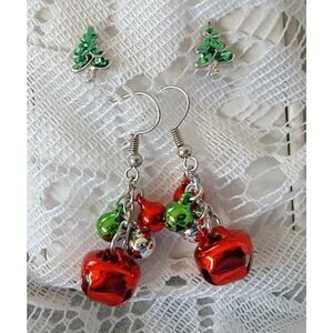 New Red Jingle Bell Pierced Earrings Glitter Christmas Tree Post Earrings Set